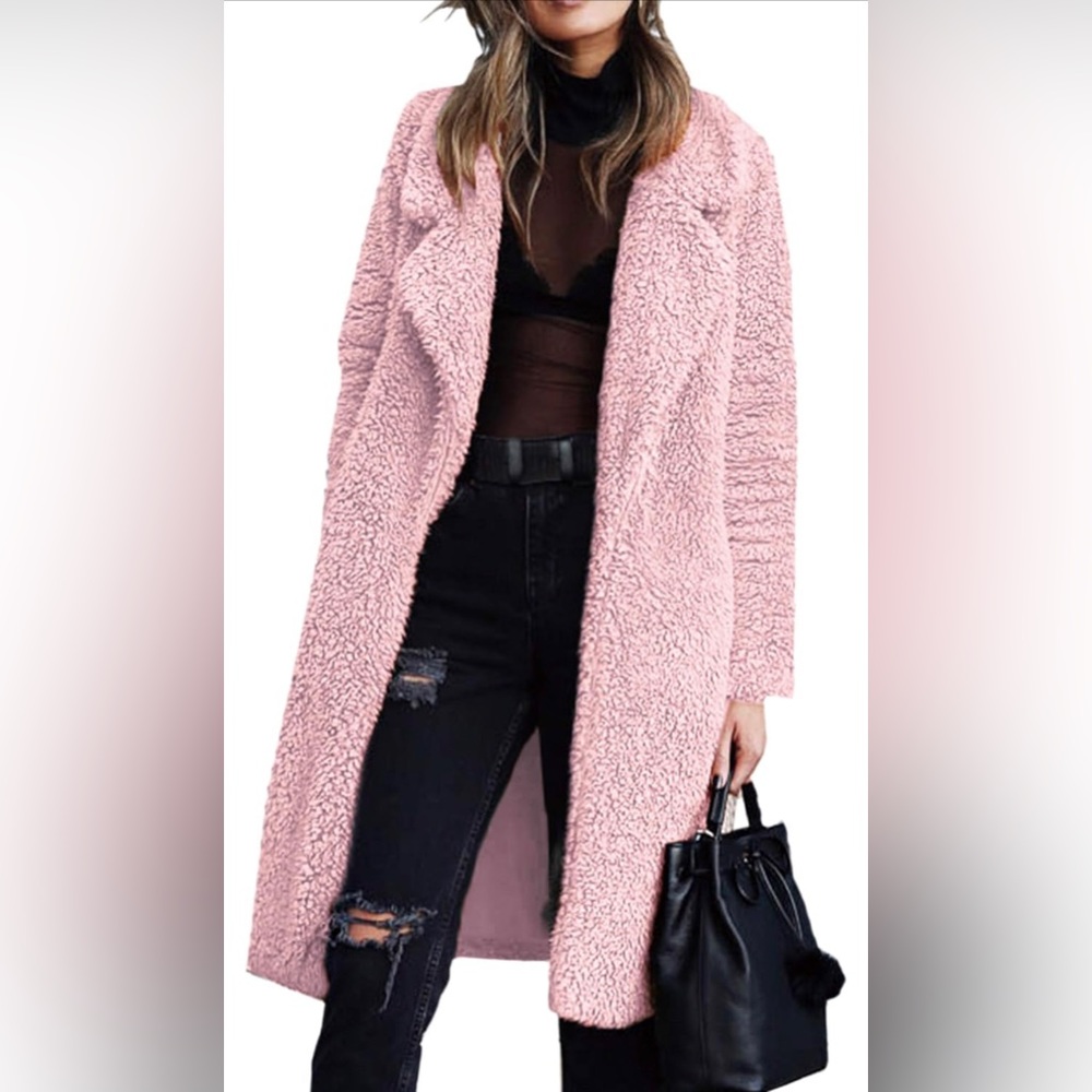 NWT Fleece Lapel Open Front Long Coat Faux Fur Jacket SZ L